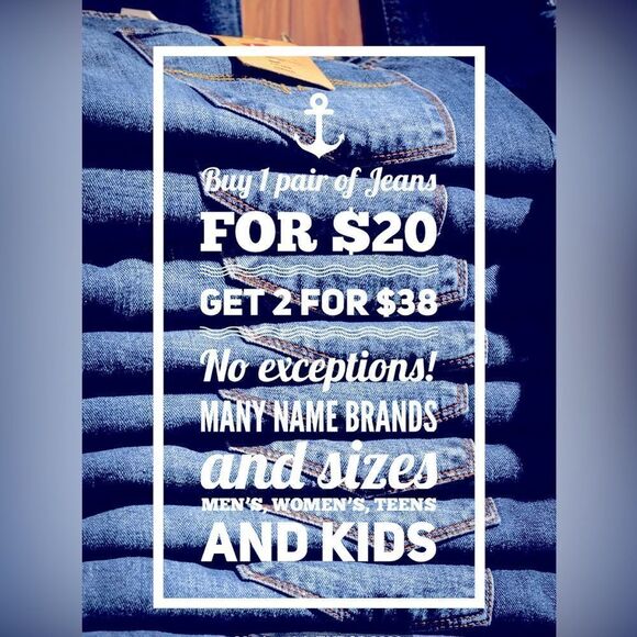 Get ANY 1 PAIR OF JEANS for $20 and 2 PAIRS FOR $38. NO EXCLUSIONS! - Picture 1 of 1